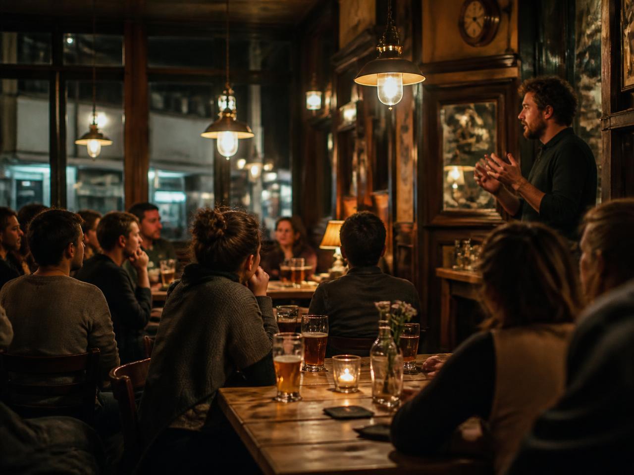 Publiek luistert naar een spreker in een bruin café in Tilburg